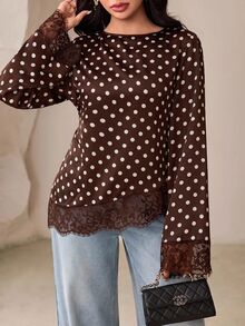 Veilorie Blusa elegante para ir al trabajo con estampado de lunares y patchwork de encaje para mujer - Café integral - Ver 5