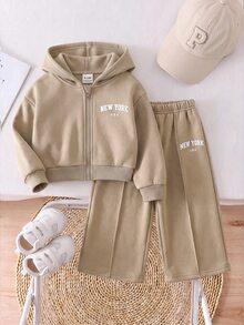 SHEIN Baby Girl Hooded Printed Zip-Up Sweatshirt Sweatshirt & Casual Straight Leg Autumn Pants Set, Fleece Lined Brushed Thick Fabric, Suitable For Winter - Apricot - View 7