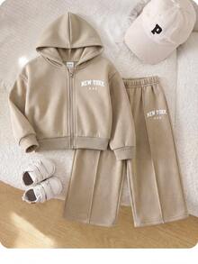 SHEIN Baby Girl Hooded Printed Zip-Up Sweatshirt Sweatshirt & Casual Straight Leg Autumn Pants Set, Fleece Lined Brushed Thick Fabric, Suitable For Winter - Apricot - View 6