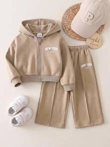 SHEIN Baby Girl Hooded Printed Zip-Up Sweatshirt Sweatshirt & Casual Straight Leg Autumn Pants Set, Fleece Lined Brushed Thick Fabric, Suitable For Winter - Apricot - View 1