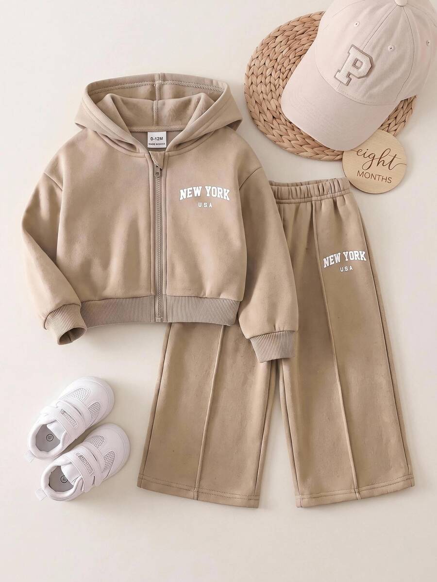 SHEIN Baby Girl Hooded Printed Zip-Up Sweatshirt Sweatshirt & Casual Straight Leg Autumn Pants Set, Fleece Lined Brushed Thick Fabric, Suitable For Winter - Apricot - View 1