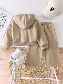 SHEIN Baby Girl Hooded Printed Zip-Up Sweatshirt Sweatshirt & Casual Straight Leg Autumn Pants Set, Fleece Lined Brushed Thick Fabric, Suitable For Winter - Apricot - View 2
