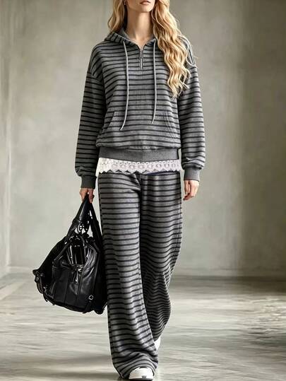 Franclia Women's Drawstring Hooded Striped Long Sleeve Top And Lace Patchwork Long Pants Casual Daily 2-Piece Set