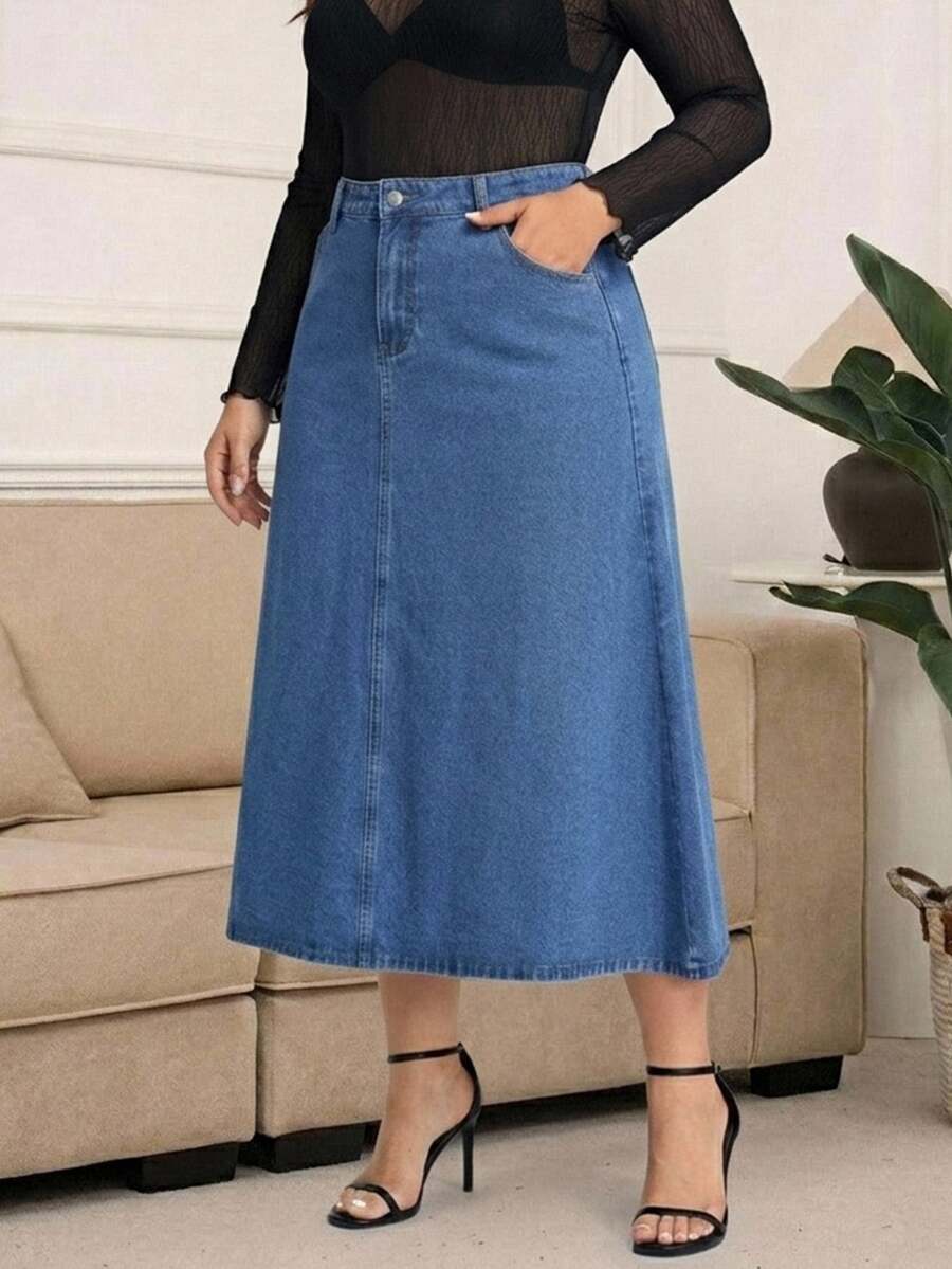 SHEIN 大尺碼女款休閒無彈力牛仔裙