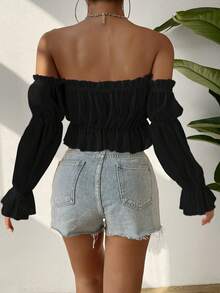 SHEIN VCAY Off Shoulder Flounce Sleeve Frill Trim Ruffle Hem Crop Blouse - Black - View 2