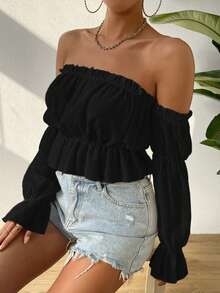 SHEIN VCAY Off Shoulder Flounce Sleeve Frill Trim Ruffle Hem Crop Blouse - Black - View 5