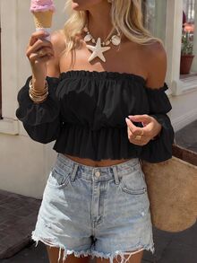 SHEIN VCAY Off Shoulder Flounce Sleeve Frill Trim Ruffle Hem Crop Blouse - Black - View 4
