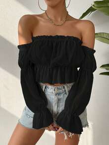 SHEIN VCAY Off Shoulder Flounce Sleeve Frill Trim Ruffle Hem Crop Blouse - Black - View 8