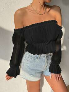 SHEIN VCAY Off Shoulder Flounce Sleeve Frill Trim Ruffle Hem Crop Blouse - Black - View 6
