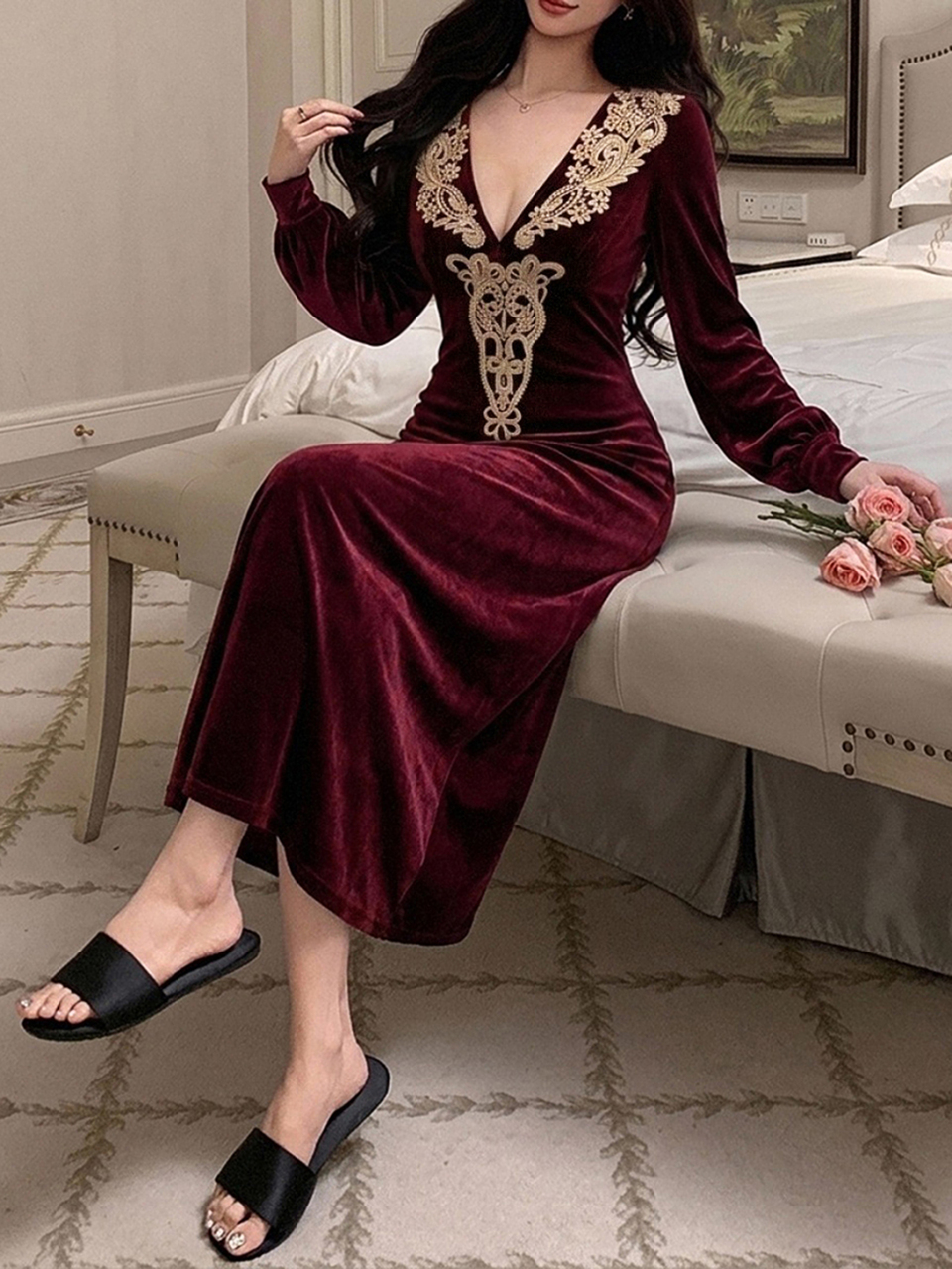 Women's Elegant Lace Decor Nightgown Fall