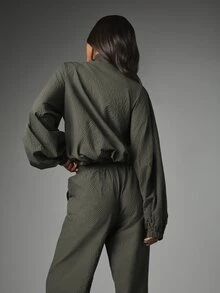 MISSGUIDED Oversized Waffle Texture Windbreaker Jacket With Full Zip Stand Collar Elasticated Hem And Balloon Sleeves Fall Winter Outerwear - Dark Grey - View 2