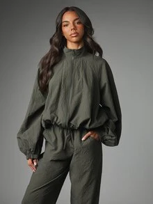 MISSGUIDED Oversized Waffle Texture Windbreaker Jacket With Full Zip Stand Collar Elasticated Hem And Balloon Sleeves Fall Winter Outerwear - Dark Grey - View 1