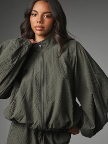 MISSGUIDED Oversized Waffle Texture Windbreaker Jacket With Full Zip Stand Collar Elasticated Hem And Balloon Sleeves Fall Winter Outerwear - Dark Grey - View 5