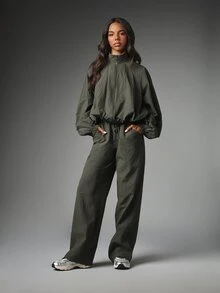 MISSGUIDED Wide Leg Casual Pants With Elastic Drawstring Waist Waffle Texture Full Length Relaxed Fit Trousers Perfect For Fall Winter - Dark Grey - View 4