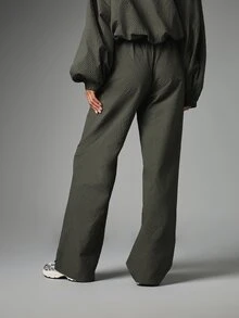 MISSGUIDED Wide Leg Casual Pants With Elastic Drawstring Waist Waffle Texture Full Length Relaxed Fit Trousers Perfect For Fall Winter - Dark Grey - View 2