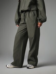 MISSGUIDED Wide Leg Casual Pants With Elastic Drawstring Waist Waffle Texture Full Length Relaxed Fit Trousers Perfect For Fall Winter - Dark Grey - View 1