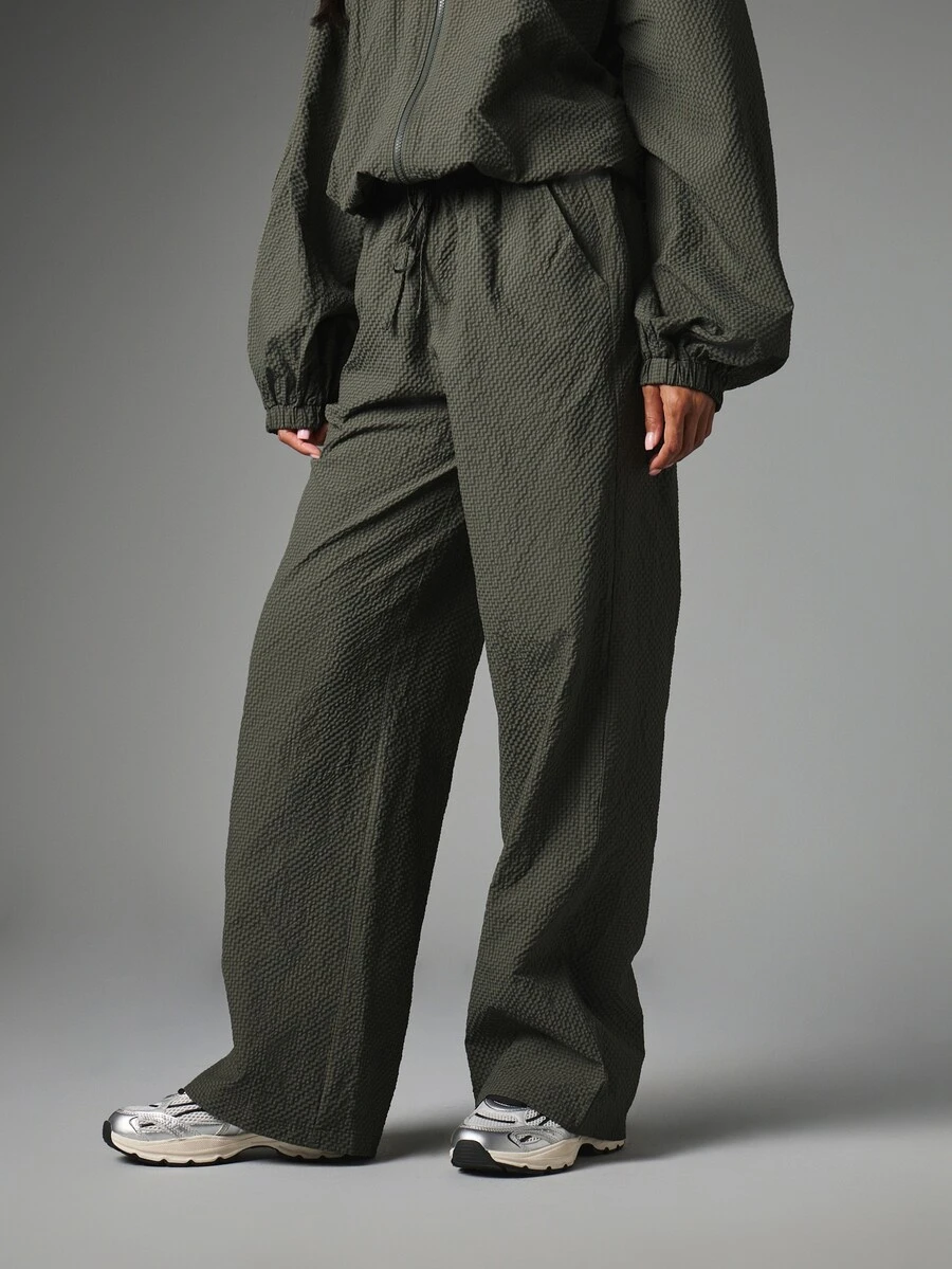 MISSGUIDED Wide Leg Casual Pants With Elastic Drawstring Waist Waffle Texture Full Length Relaxed Fit Trousers Perfect For Fall Winter - Dark Grey - View 1