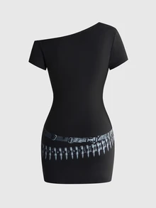 ROMWE Grunge Punk Gaun Mini Wanita Motif Peluru dengan Leher Asimetris, Cocok untuk Halloween, Klub Malam, Warna Hitam, Grafis, Musim Panas, Seksi - Hitam - View 2