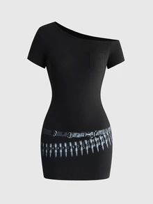ROMWE Grunge Punk Gaun Mini Wanita Motif Peluru dengan Leher Asimetris, Cocok untuk Halloween, Klub Malam, Warna Hitam, Grafis, Musim Panas, Seksi - Hitam - View 1
