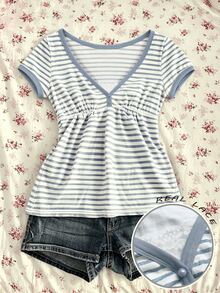 IslaSuriya Plus Size Women V-Neck Striped Casual Versatile Daily Wear Top - Multicolor - View 1
