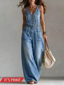 Glimmora Plus Button Front Wide Leg Jumpsuit Without Belt - Blue - View 1