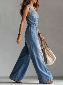Glimmora Plus Button Front Wide Leg Jumpsuit Without Belt - Blue - View 4