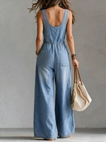 Glimmora Plus Button Front Wide Leg Jumpsuit Without Belt - Blue - View 2