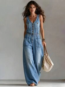 Glimmora Plus Button Front Wide Leg Jumpsuit Without Belt - Blue - View 5