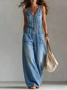Glimmora Plus Button Front Wide Leg Jumpsuit Without Belt - Blue - View 3