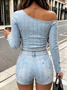 Rovax Women's Colorful Rhinestone Decorated Asymmetric Neck Top And Shorts Casual Daily 2-Piece Set - Multicolor - View 2
