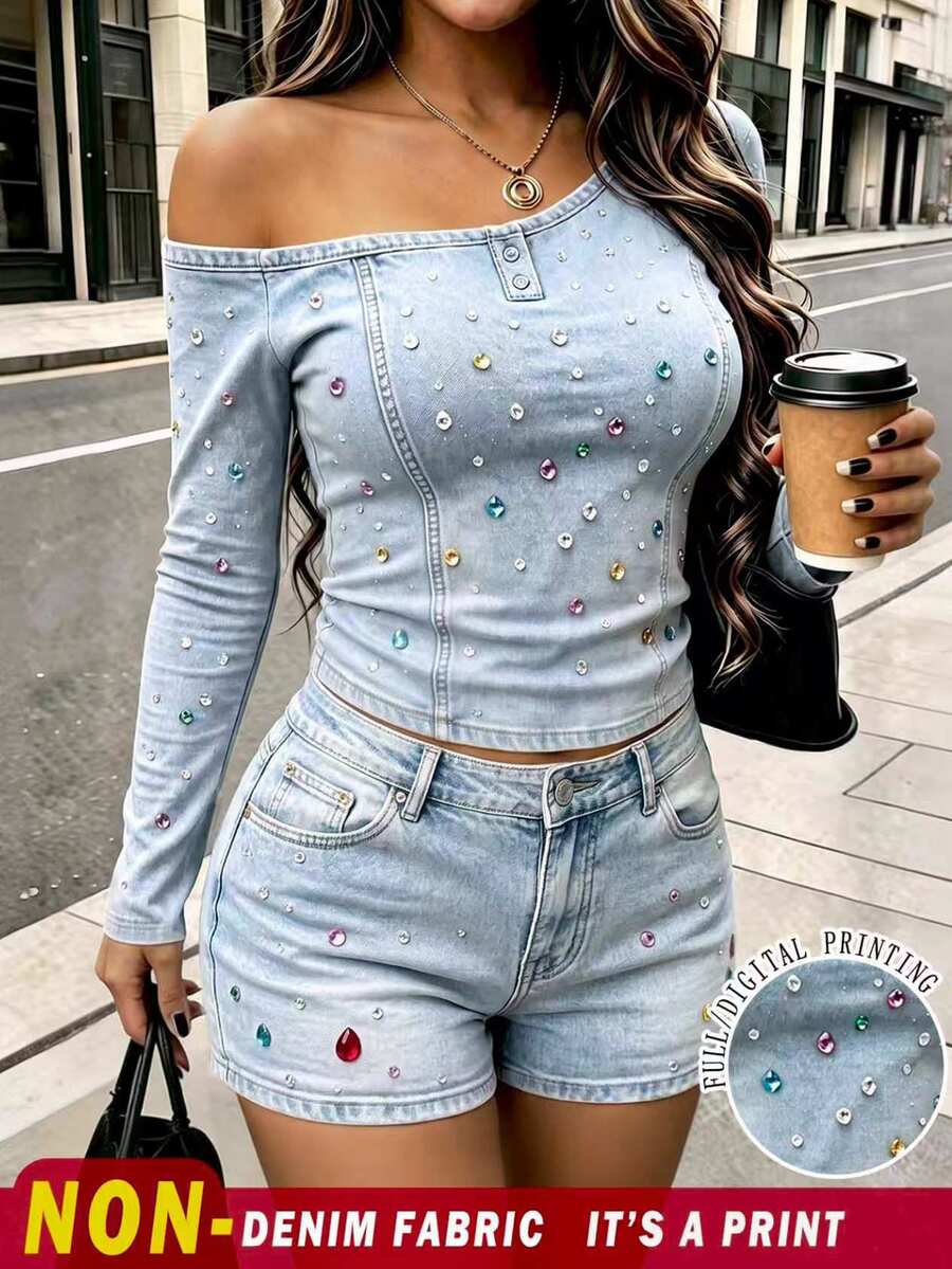 Rovax Women's Colorful Rhinestone Decorated Asymmetric Neck Top And Shorts Casual Daily 2-Piece Set - Multicolor - View 1