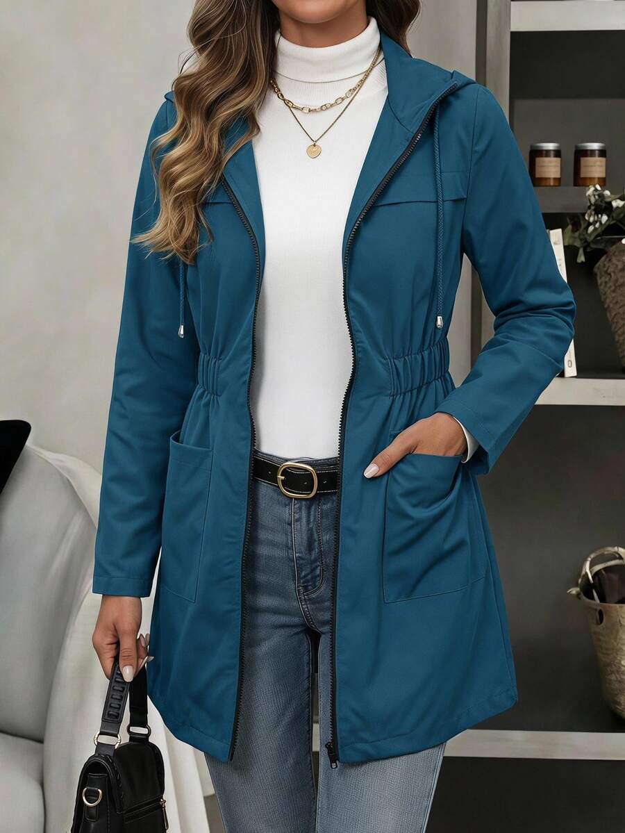 EMERY ROSE Women's Autumn/Winter Colorblock Zipper Pocket Waist-Cinching Mid-Length Jacket Everyday Holiday Night Teal Blue Casual Daytime Travel Puerto Rico - Teal Blue - View 1