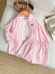Young Girl Woven Striped Casual Exquisite Small Logo Horse Embroidery Shirt + Knit Solid Color Vest + Shorts 3 Pieces Set Pink - Pink - View 3