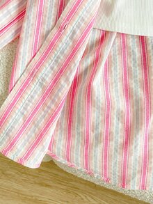 Young Girl Woven Striped Casual Exquisite Small Logo Horse Embroidery Shirt + Knit Solid Color Vest + Shorts 3 Pieces Set Pink - Pink - View 7