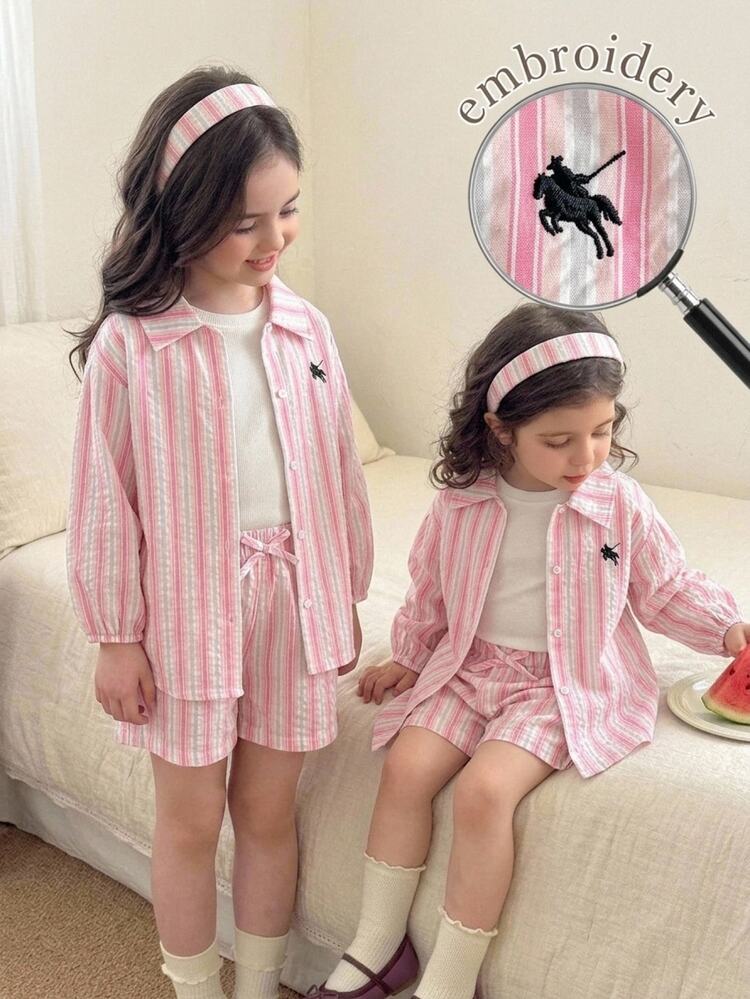 Young Girl Woven Striped Casual Exquisite Small Logo Horse Embroidery Shirt + Knit Solid Color Vest + Shorts 3 Pieces Set Pink - Pink - View 1
