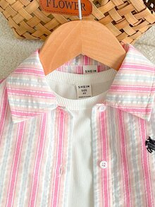 Young Girl Woven Striped Casual Exquisite Small Logo Horse Embroidery Shirt + Knit Solid Color Vest + Shorts 3 Pieces Set Pink - Pink - View 5