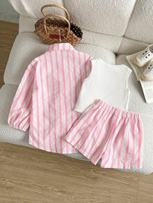 Young Girl Woven Striped Casual Exquisite Small Logo Horse Embroidery Shirt + Knit Solid Color Vest + Shorts 3 Pieces Set Pink - Pink - View 2
