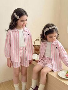 Young Girl Woven Striped Casual Exquisite Small Logo Horse Embroidery Shirt + Knit Solid Color Vest + Shorts 3 Pieces Set Pink - Pink - View 9