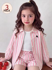 Young Girl Woven Striped Casual Exquisite Small Logo Horse Embroidery Shirt + Knit Solid Color Vest + Shorts 3 Pieces Set Pink - Pink - View 8