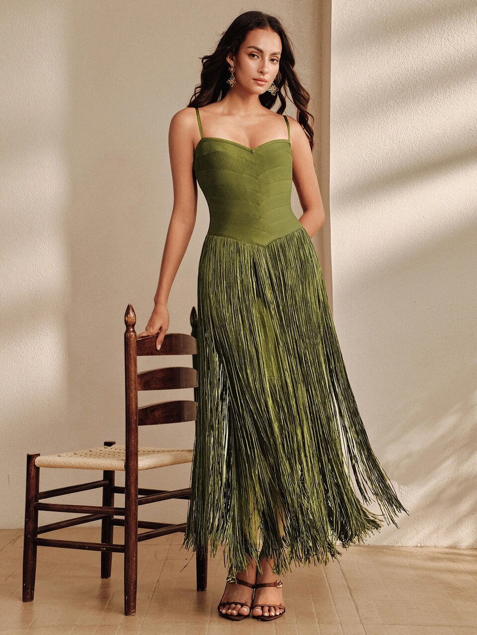 Anewsta New Women's Elegant Light Purple Bandage Slim Fit Spaghetti Strap Tassel Long Dress Evening Gown