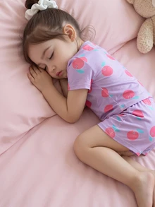 【隨機5款，1套發貨】女童修身短袖上衣+短褲套裝，水果印花、彩色花朵與愛心印花，清新甜美，可愛俏皮，圓領設計，彈性腰頭方便穿脫，適合居家休閒、日常外出、散步玩耍，夏季貼身舒適 - 彩色 - 查看 5