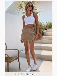 SHEIN MOD Vintage Lace Up Denim Skort - Coffee Brown - View 5