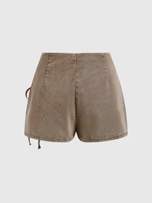SHEIN MOD Vintage Lace Up Denim Skort - Coffee Brown - View 2