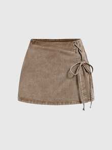 SHEIN MOD Vintage Lace Up Denim Skort - Coffee Brown - View 1