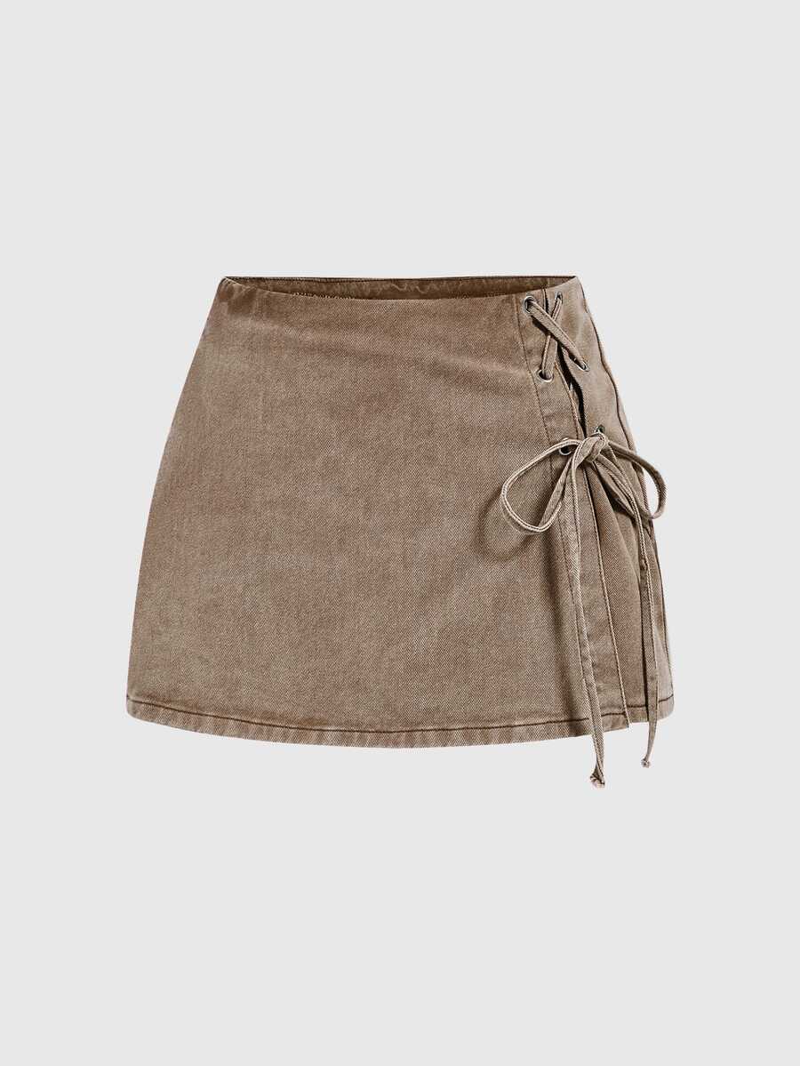 SHEIN MOD Vintage Lace Up Denim Skort - Coffee Brown - View 1