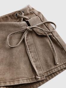 SHEIN MOD Vintage Lace Up Denim Skort - Coffee Brown - View 3