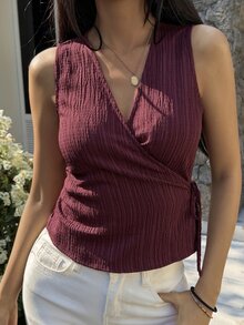 Attriella 春夏季紅色情人節休閒度假海灘風女款無袖背心式不對稱前綁帶開襟襯衫 - 酒紅色 - 查看 4