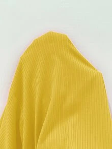BrightlyHer 大尺碼女款芥末黃V領中袖提花紋理不對稱開襟針織外套，海灘度假風，2026秋冬款 - 黃色 - 查看 7