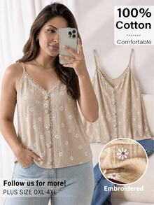 CosyJoli Plus Size Women's Floral Embroidered Pattern Casual Versatile Daily Outing Camisole Top - Apricot - View 3