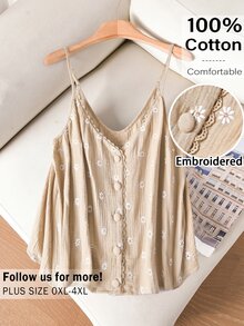 CosyJoli Plus Size Women's Floral Embroidered Pattern Casual Versatile Daily Outing Camisole Top - Apricot - View 2